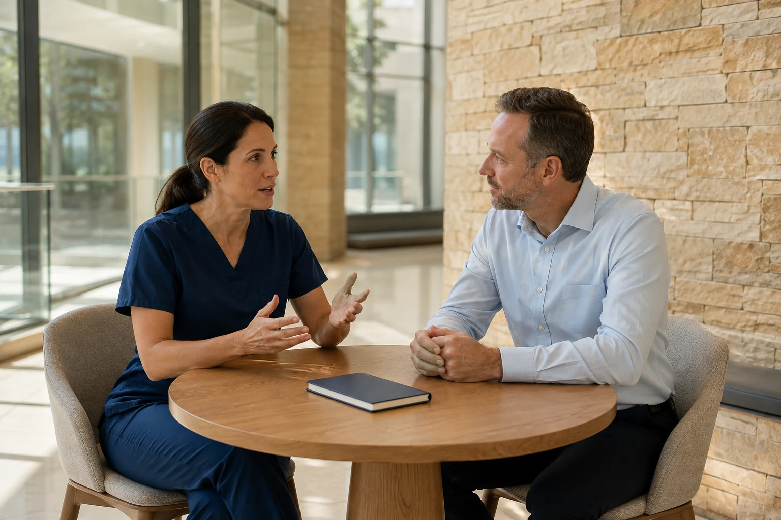 Illustrative healthcare leaders in a focused workplace conversation